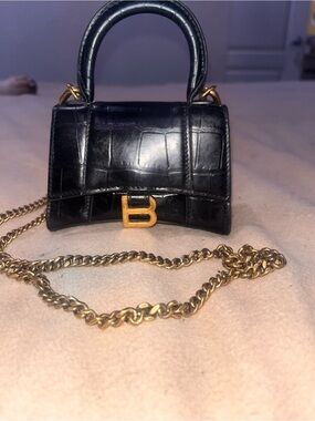 Balenciaga Black Croc-Embossed Mini Top Handle with Gold Chain